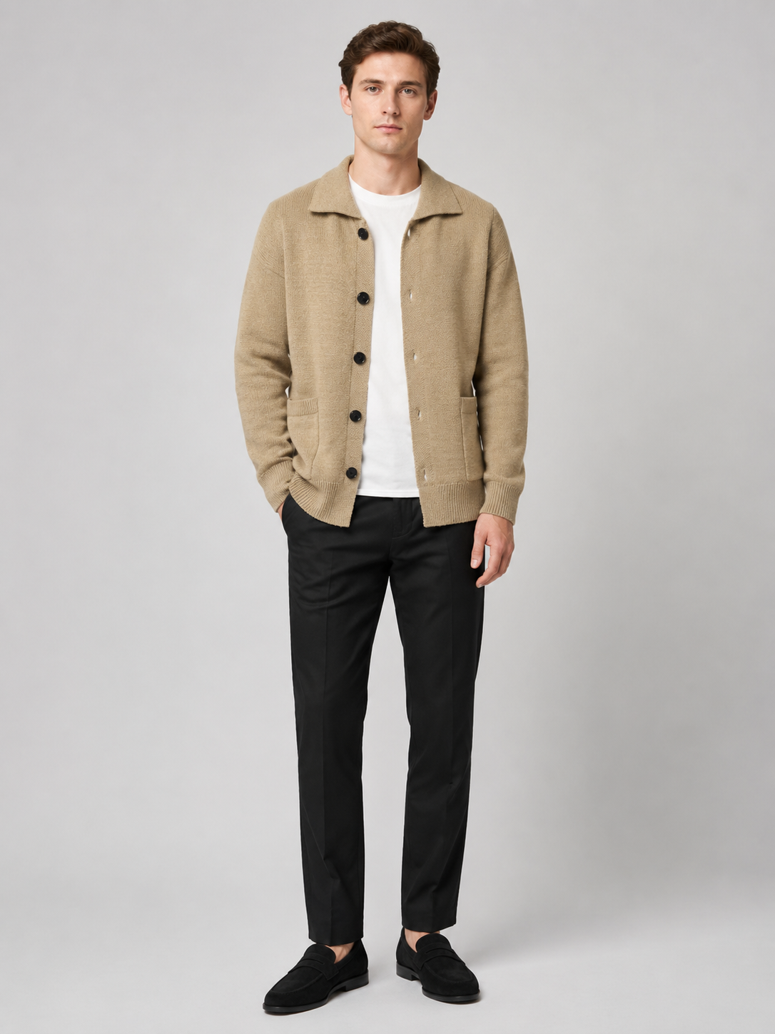 Beige knit cardigan sweater for men button up spring fall layer for everyday wear