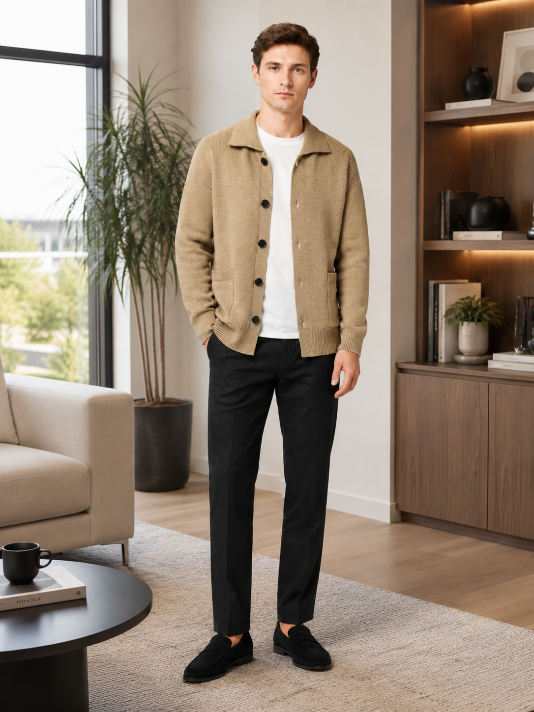 Man styling beige button up cardigan sweater in a refined everyday business casual outfit