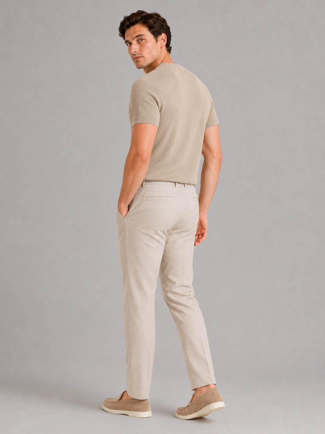 Men’s beige knit t shirt in merino wool soft breathable summer top for everyday outfits