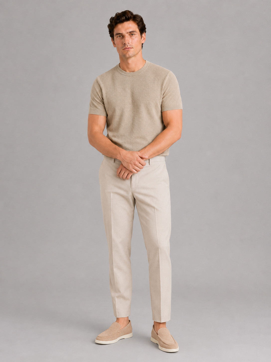 Beige merino wool t shirt for men lightweight short sleeve top for business casual wear