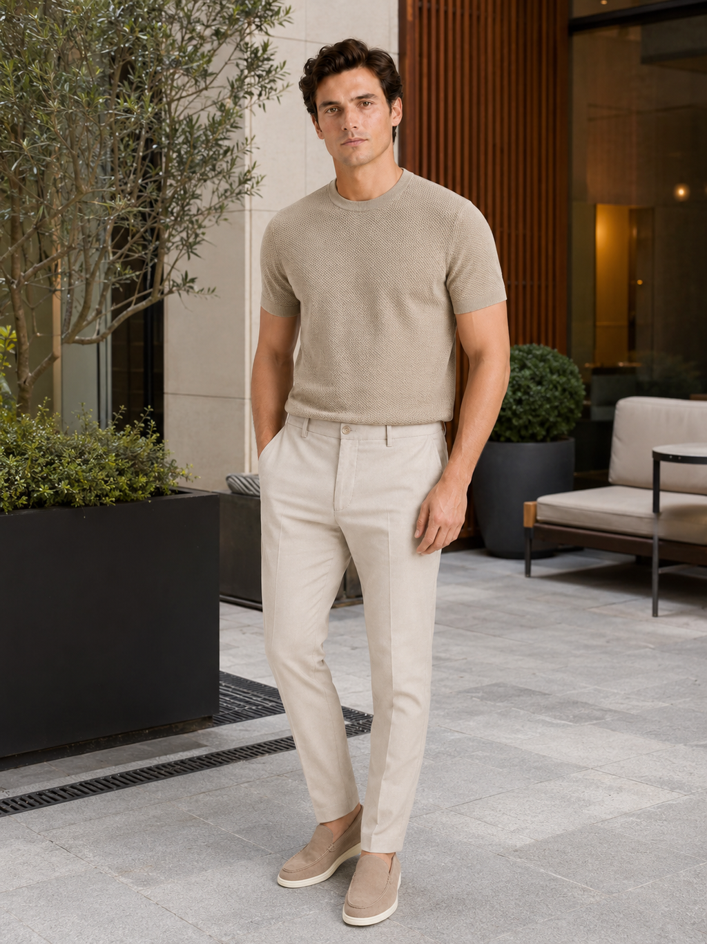 Man styling beige merino wool knit t shirt in a refined summer business casual lifestyle outfit