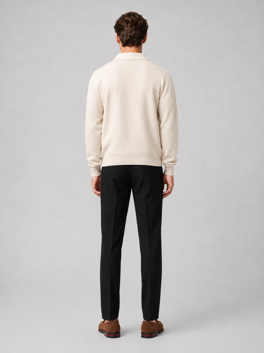 Men’s beige v neck polo sweater comfortable knit top for business casual and casual outfits