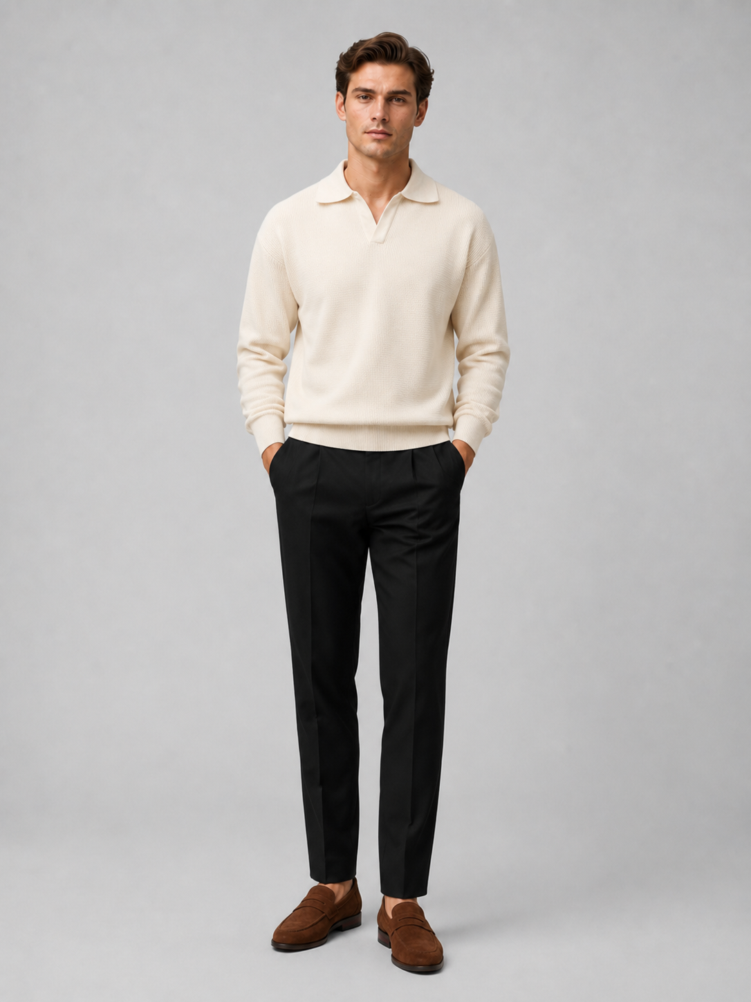 Beige long sleeve knit polo shirt for men lightweight fall sweater for everyday wear