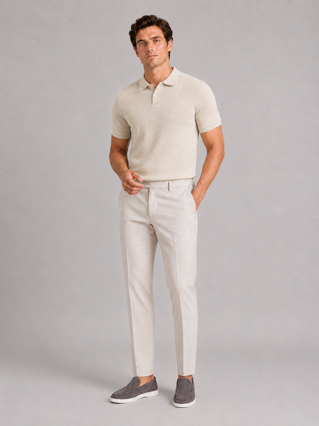Beige knit polo shirt for men lightweight summer top for vacation and everyday wear