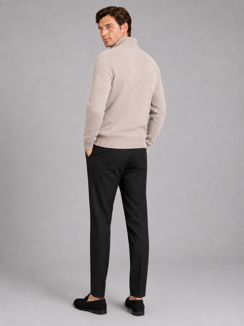 Men’s beige thick knit full zip sweater comfortable casual top for cold weather outfits