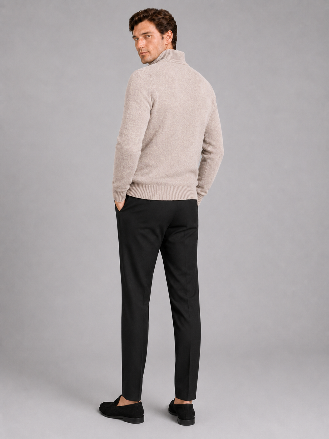 Men’s beige thick knit full zip sweater comfortable casual top for cold weather outfits