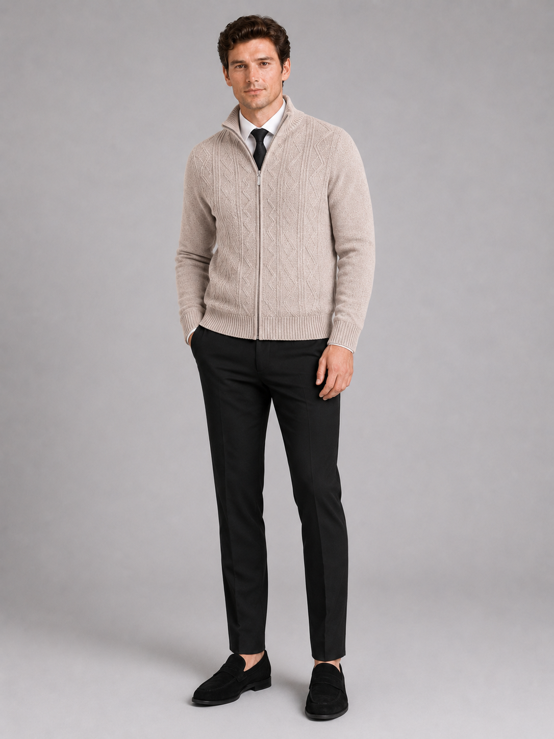 Beige stand collar zip sweater for men warm knit layer for everyday winter wear