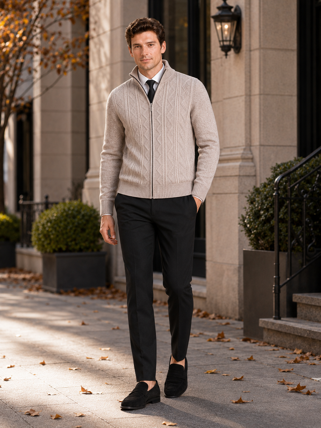 Man styling beige full zip knit sweater in a refined fall winter everyday outfit
