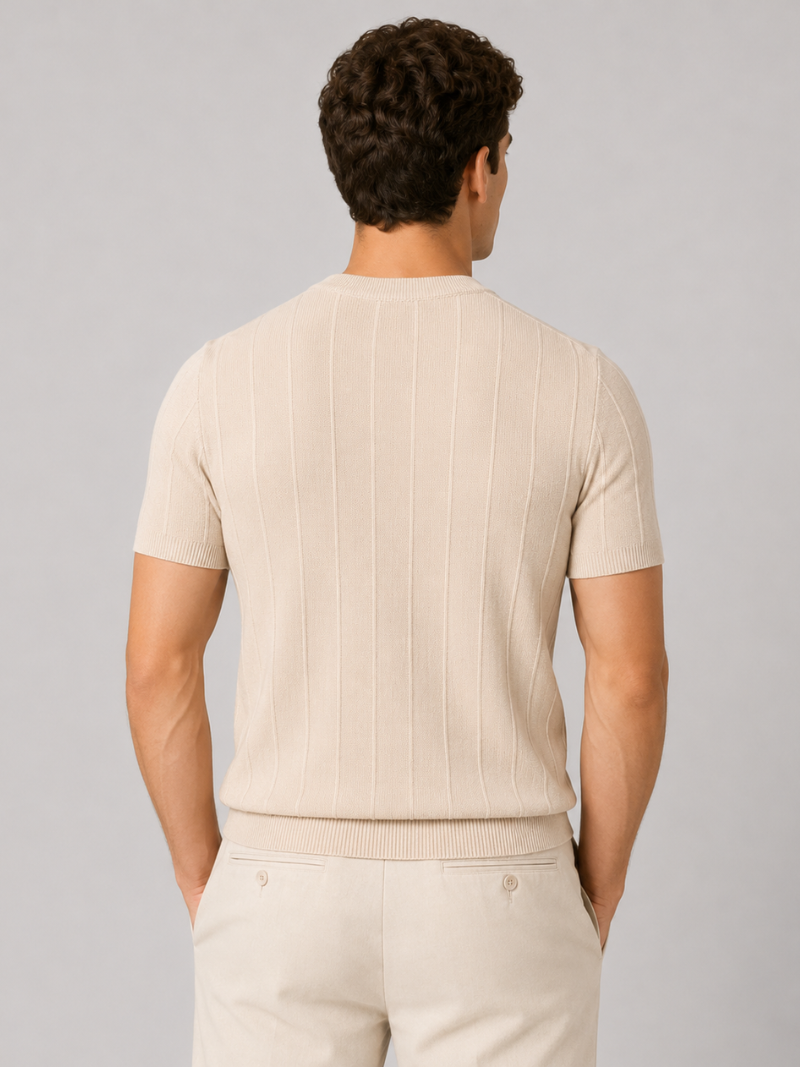 Beige knitted short sleeve shirt for men soft breathable fabric refined summer outfit