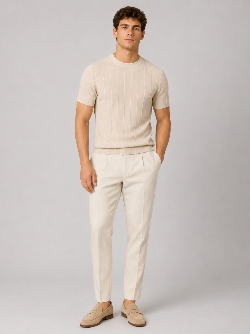 Beige short sleeve knit shirt for men refined lightweight top with clean modern fit