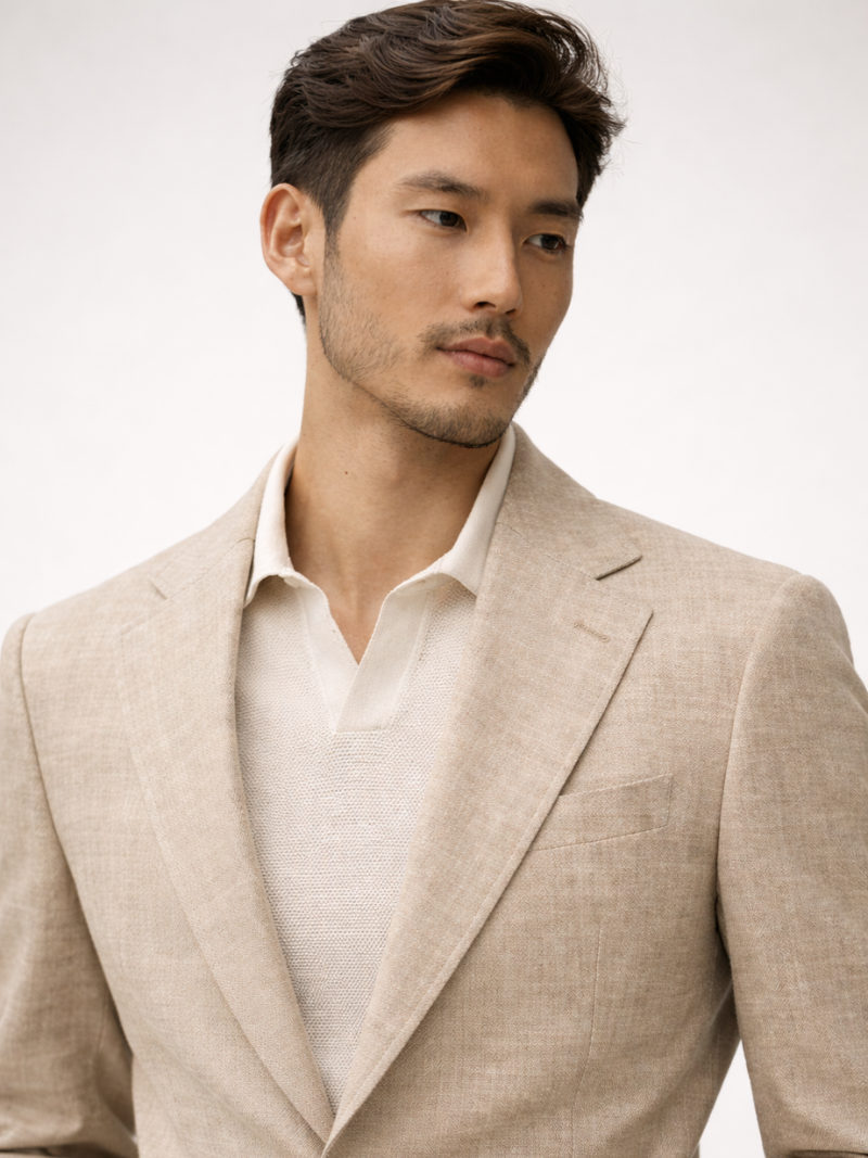 Man wearing lightweight beige blazer jacket, breathable and stylish for business, casual and formal occasions.