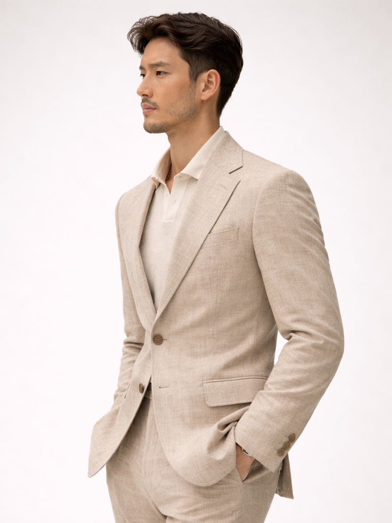 Man in beige tailored summer blazer, perfect for smart casual outfits, weddings and professional wear.