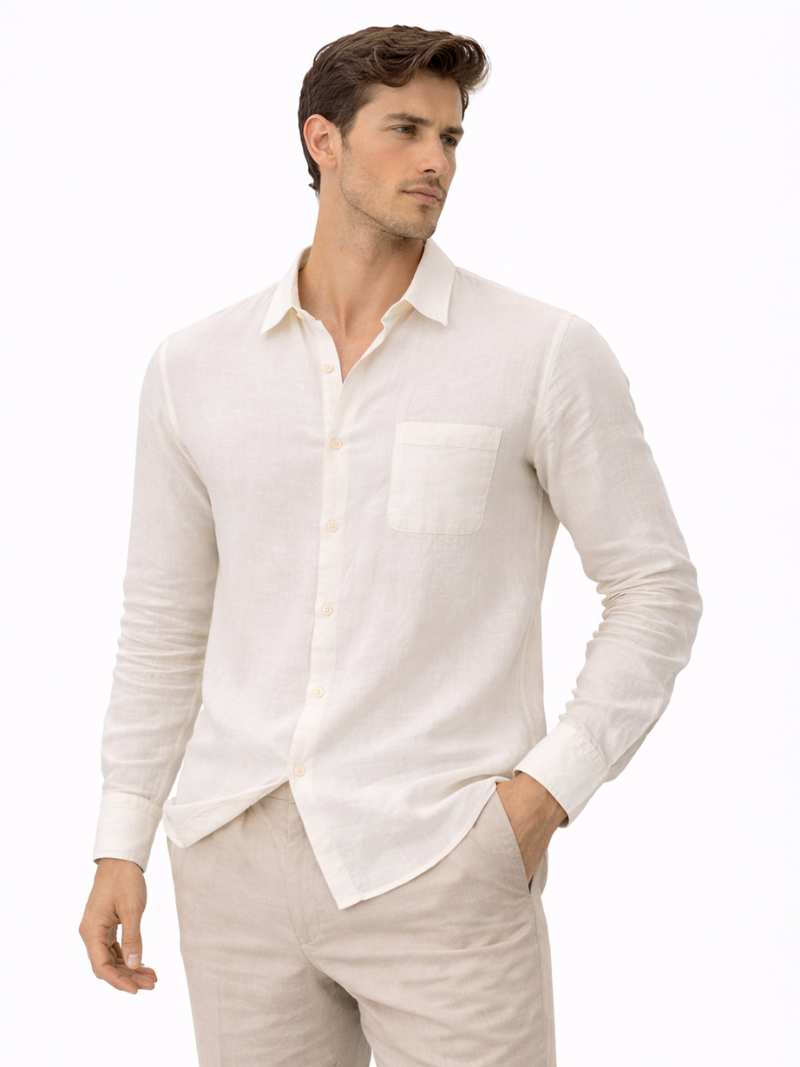 Beige lightweight linen shirt soft breathable fabric minimal refined summer look