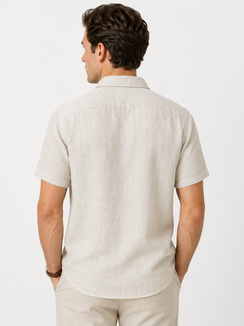 Beige linen short sleeve shirt for men soft breathable fabric relaxed vacation outfit