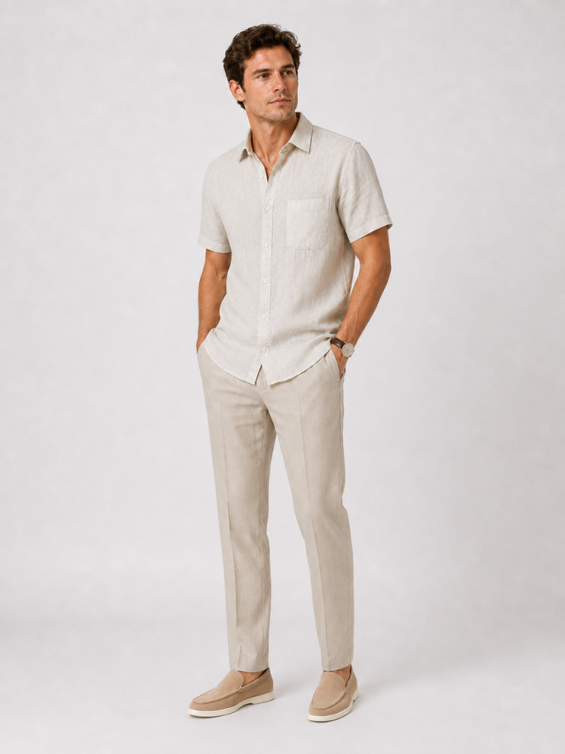 Beige short sleeve linen shirt minimal breathable fabric refined summer look