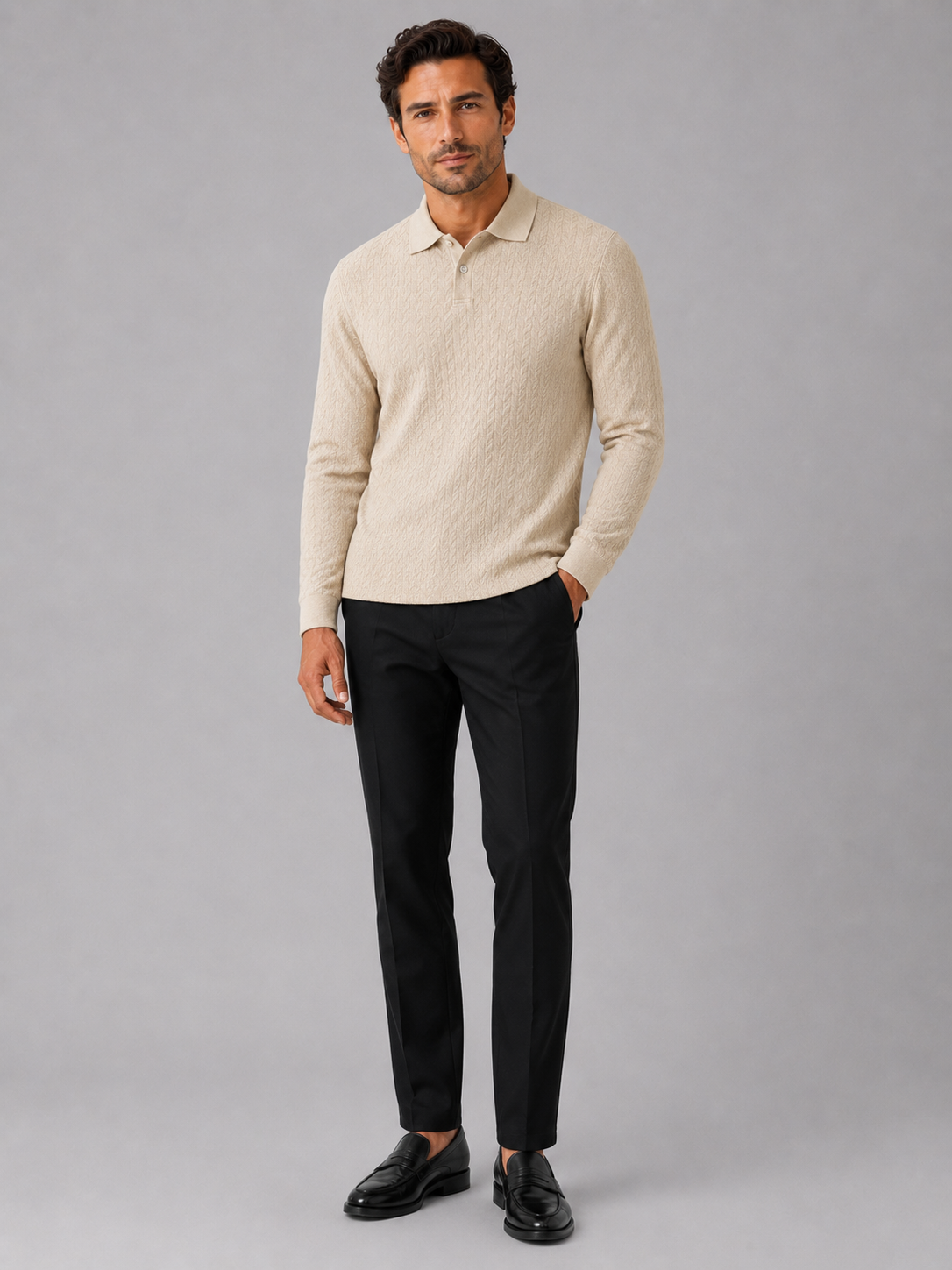 Men’s Long Sleeve Polo Shirt Business Casual Knit Top for Office and Smart Casual Wear