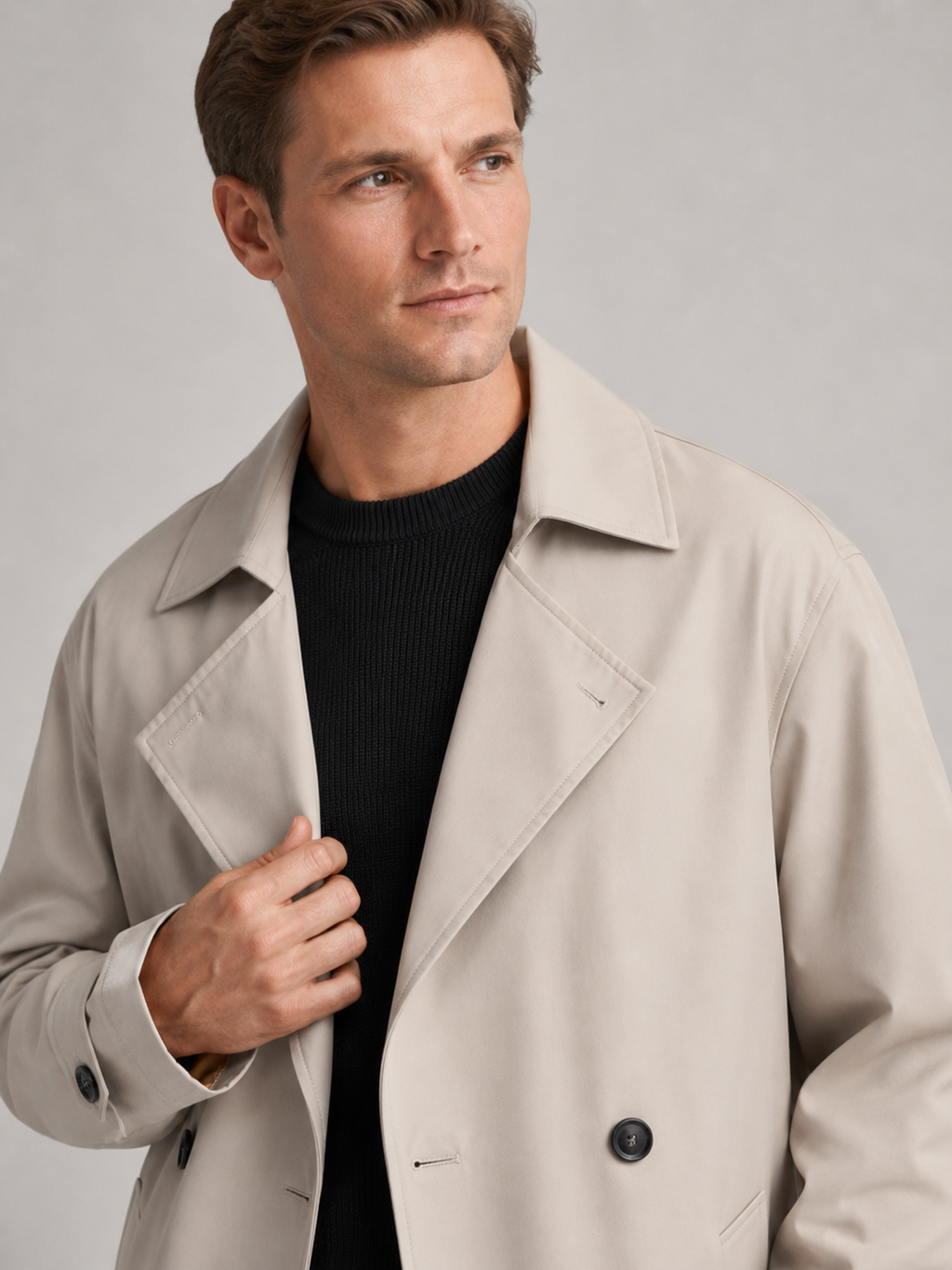 Close up of beige long trench coat showing water resistant fabric, classic lapel, and button front detail