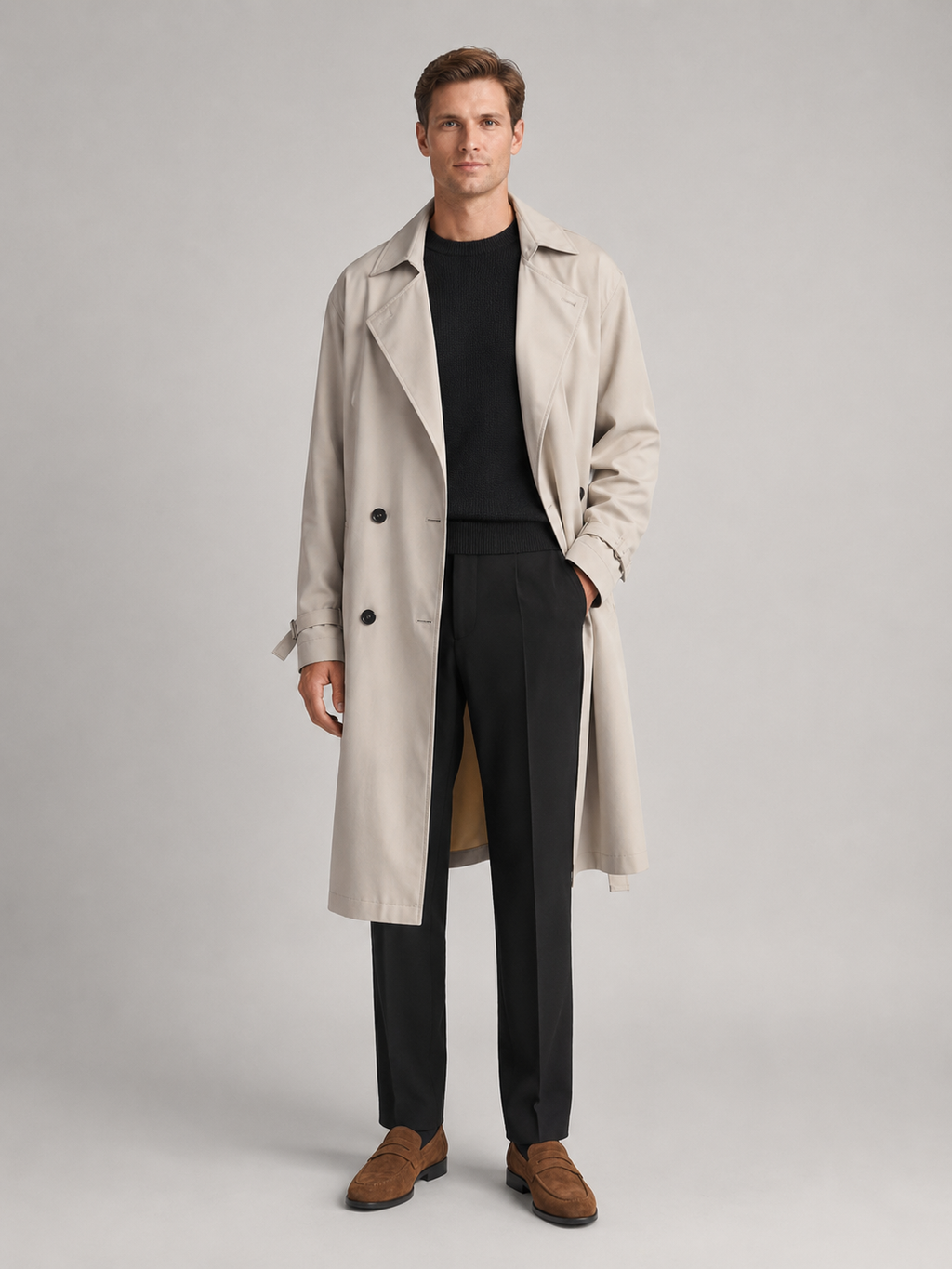 Beige over the knee trench coat for men waterproof fall outerwear for travel and everyday wear