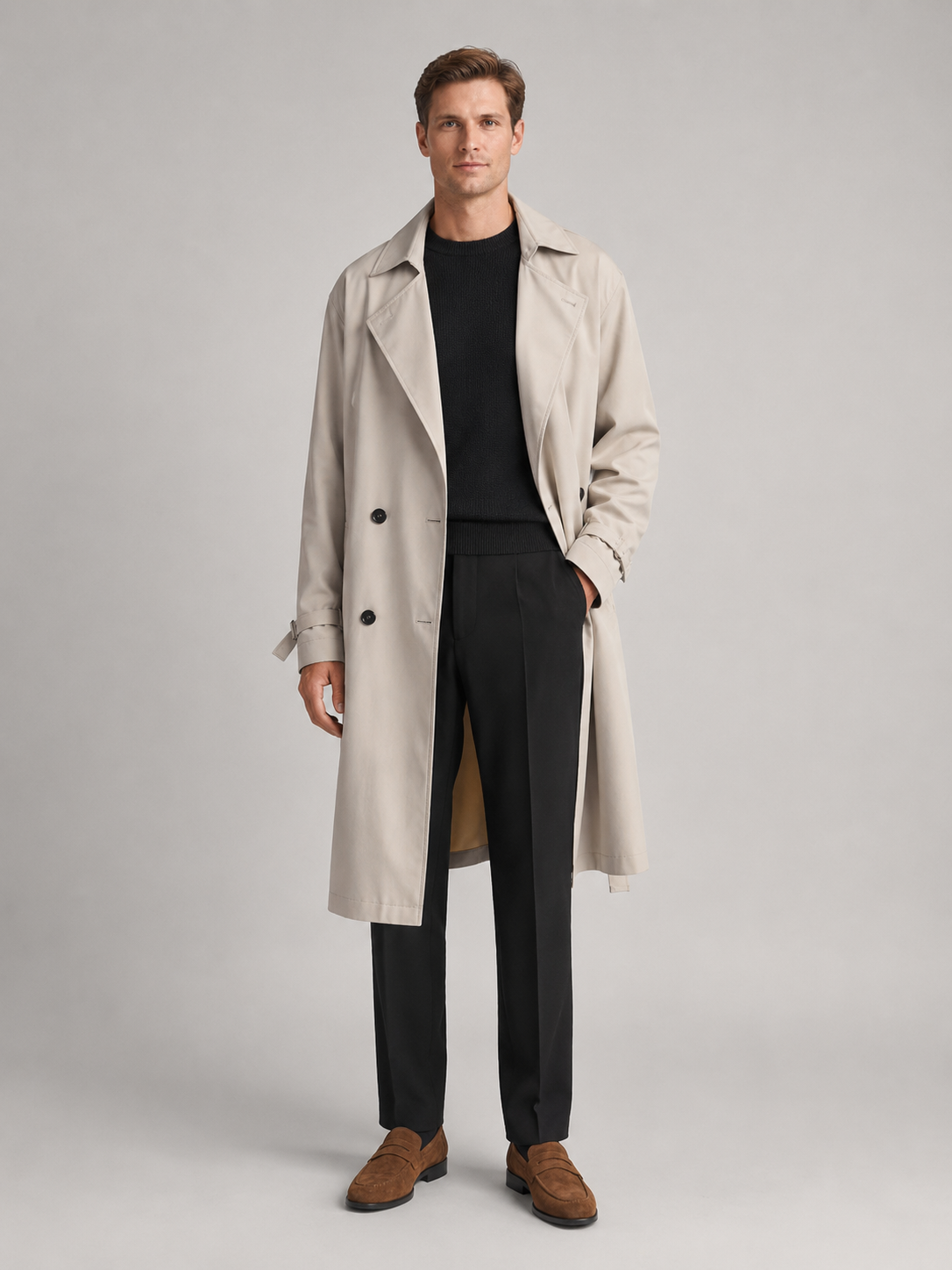 Beige over the knee trench coat for men waterproof fall outerwear for travel and everyday wear
