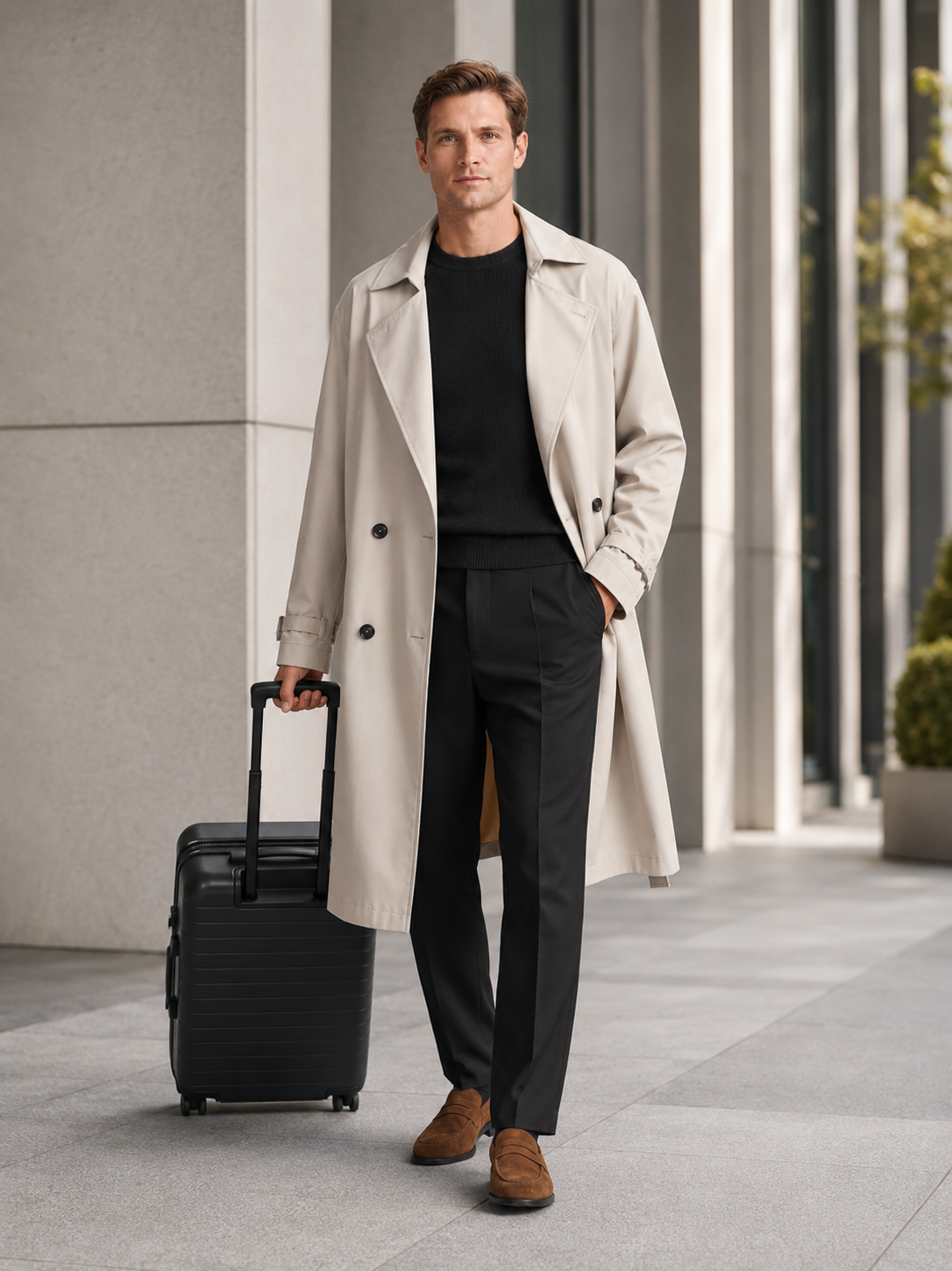 Man styling beige long trench coat in a refined travel and everyday lifestyle outfit