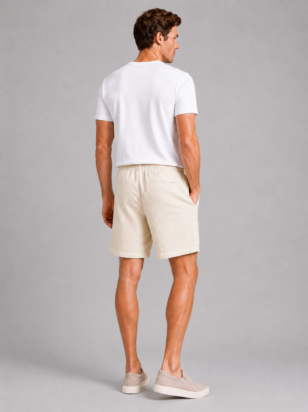 Beige drawstring shorts for men loose fit knee length summer shorts for vacation wear