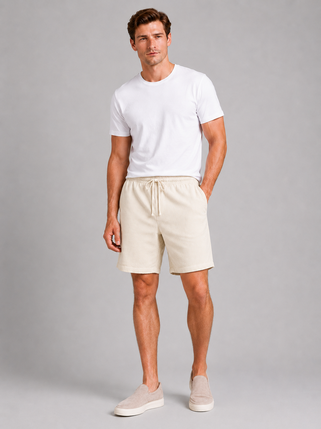 Men wearing beige drawstring shorts waffle texture loose fit knee length summer casual style