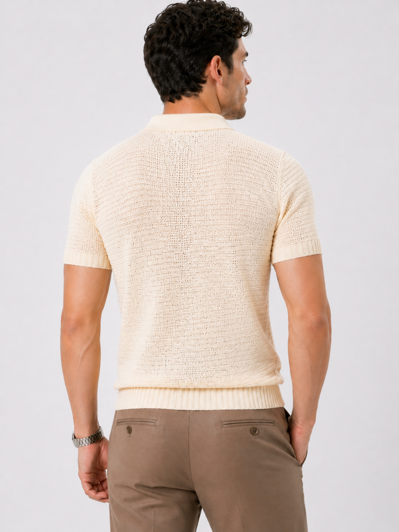 Beige knit polo shirt for men lightweight breathable tailored fit casual summer vacation outfit