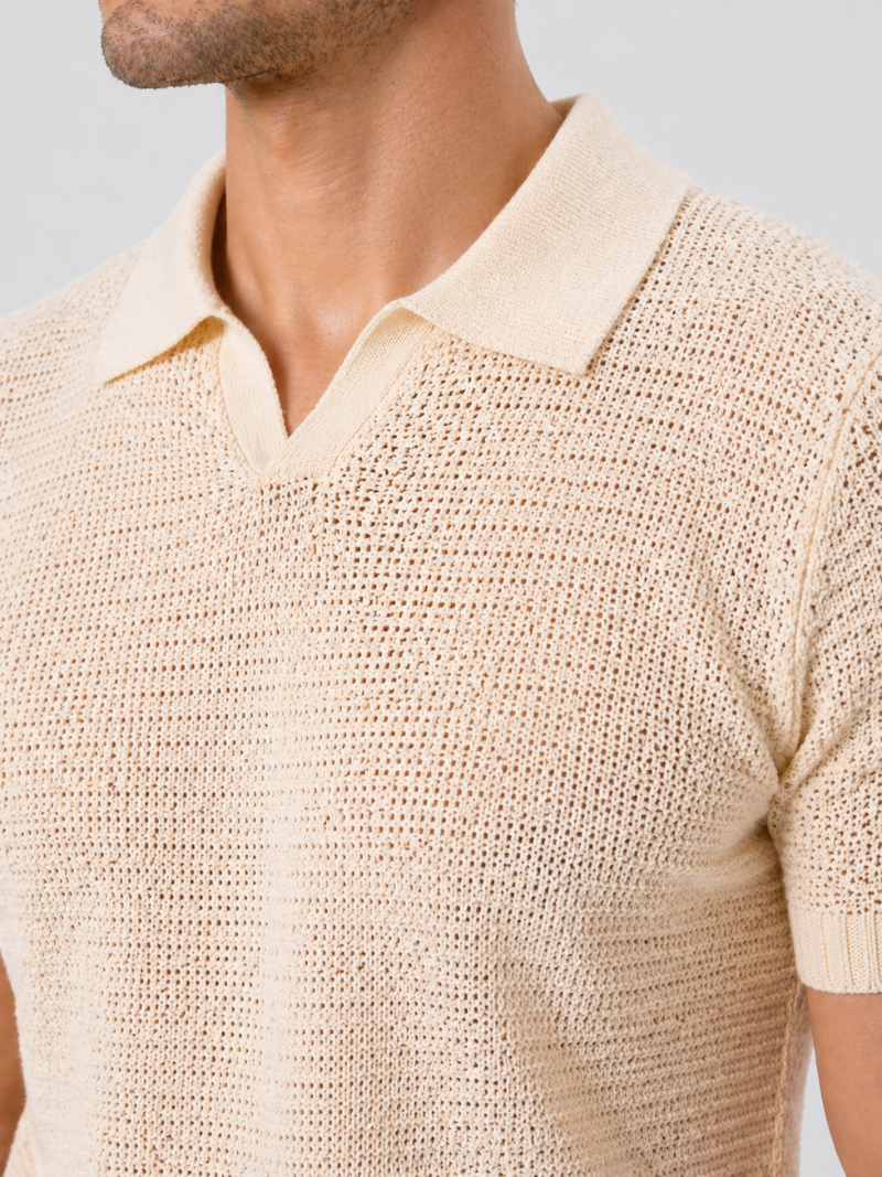 Men’s beige knitted polo lightweight tailored summer shirt for refined coastal casual wear