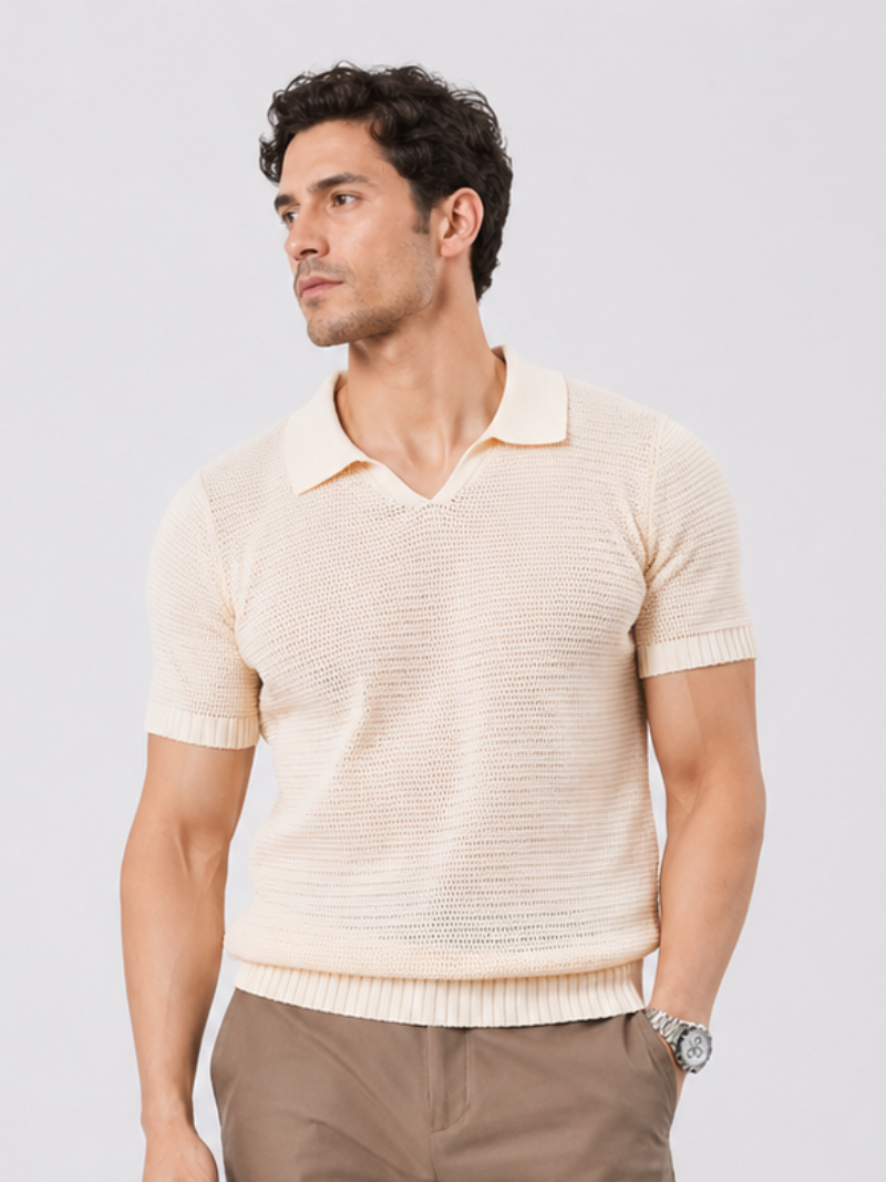 Men wearing beige knit polo shirt lightweight tailored summer top for quiet luxury coastal style