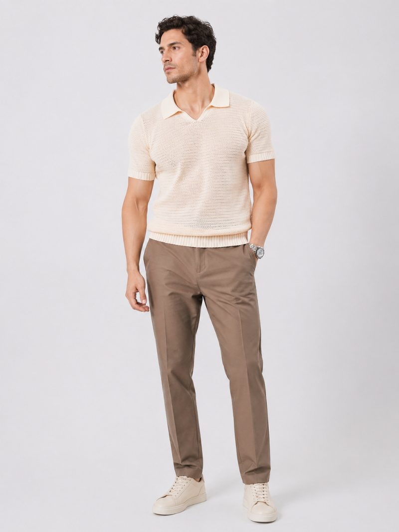 Beige lightweight knit polo shirt soft breathable tailored top for summer vacation and quiet luxury style