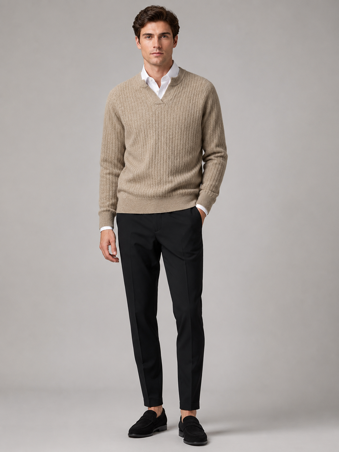 Khaki merino wool open collar sweater for men warm fall winter top for everyday wear