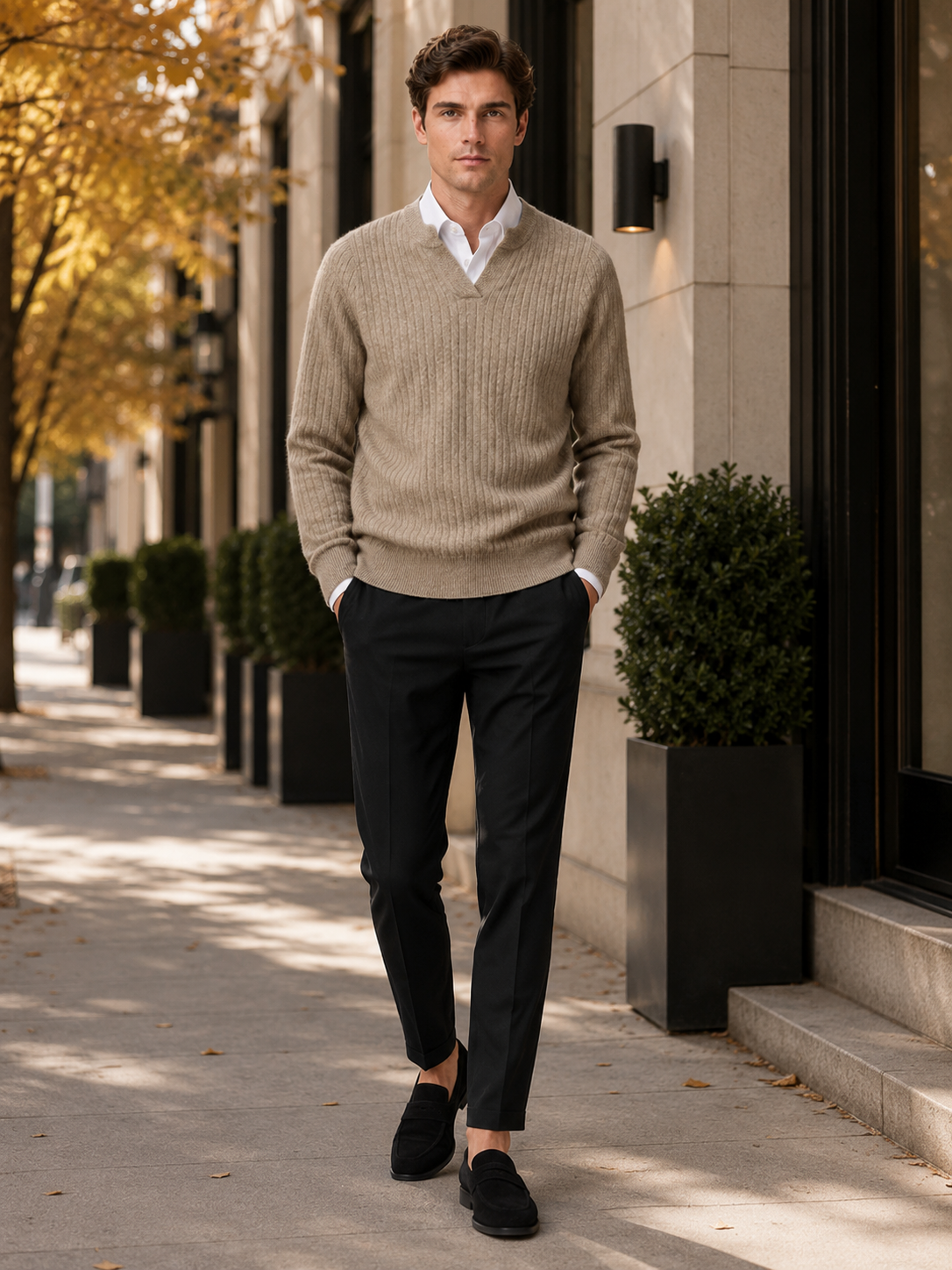 Man styling khaki merino wool open collar sweater in a classic fall winter everyday outfit
