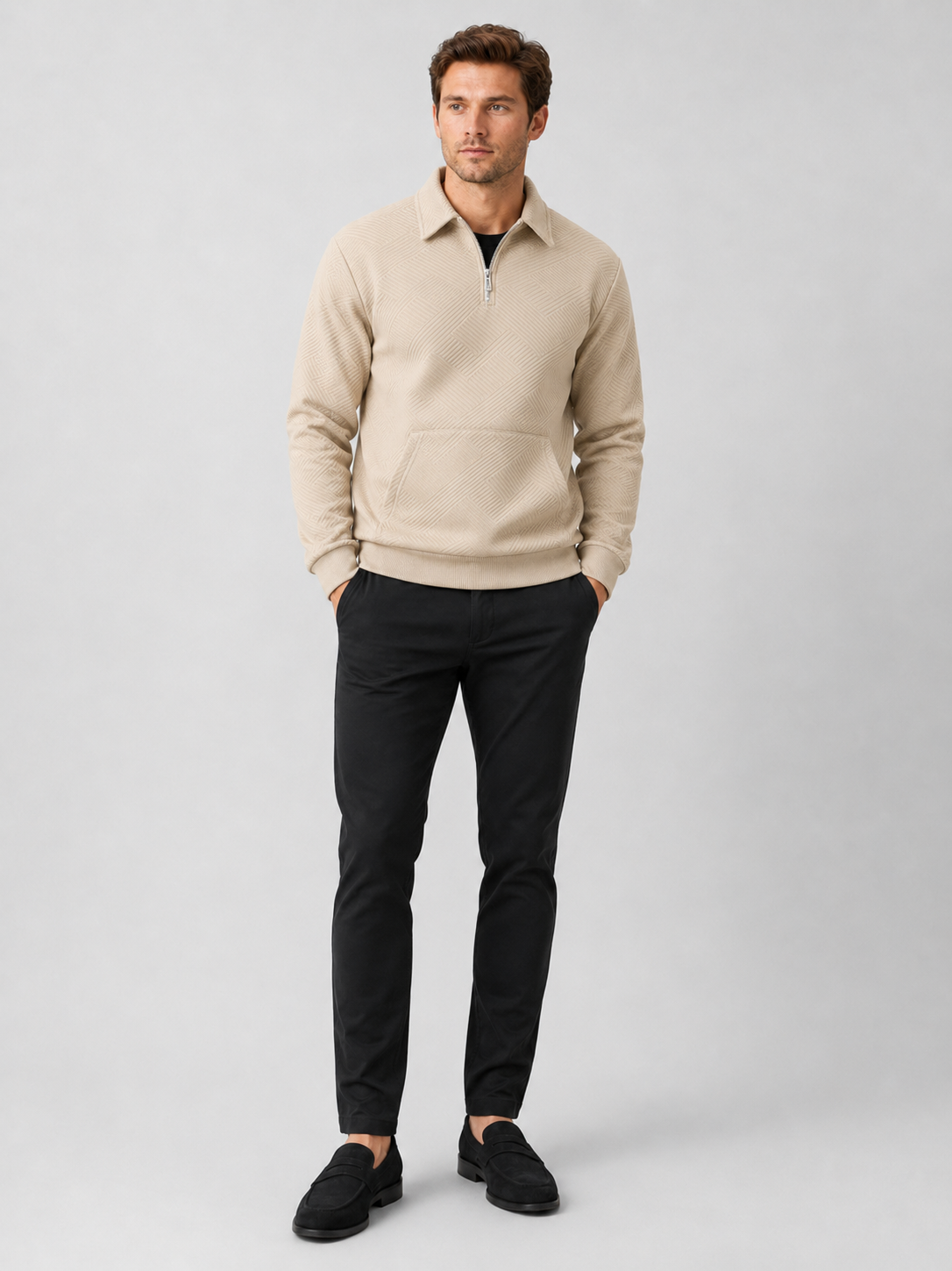 Beige quarter zip sweater for men long sleeve pullover for outdoor and everyday wear