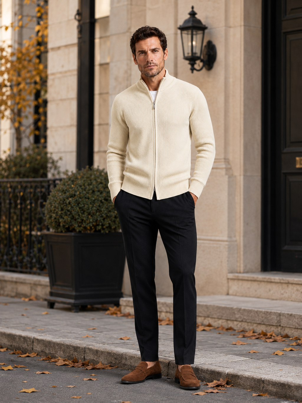 Man wearing a beige ribbed knit full zip cardigan sweater in a casual fall winter outfit for everyday wear