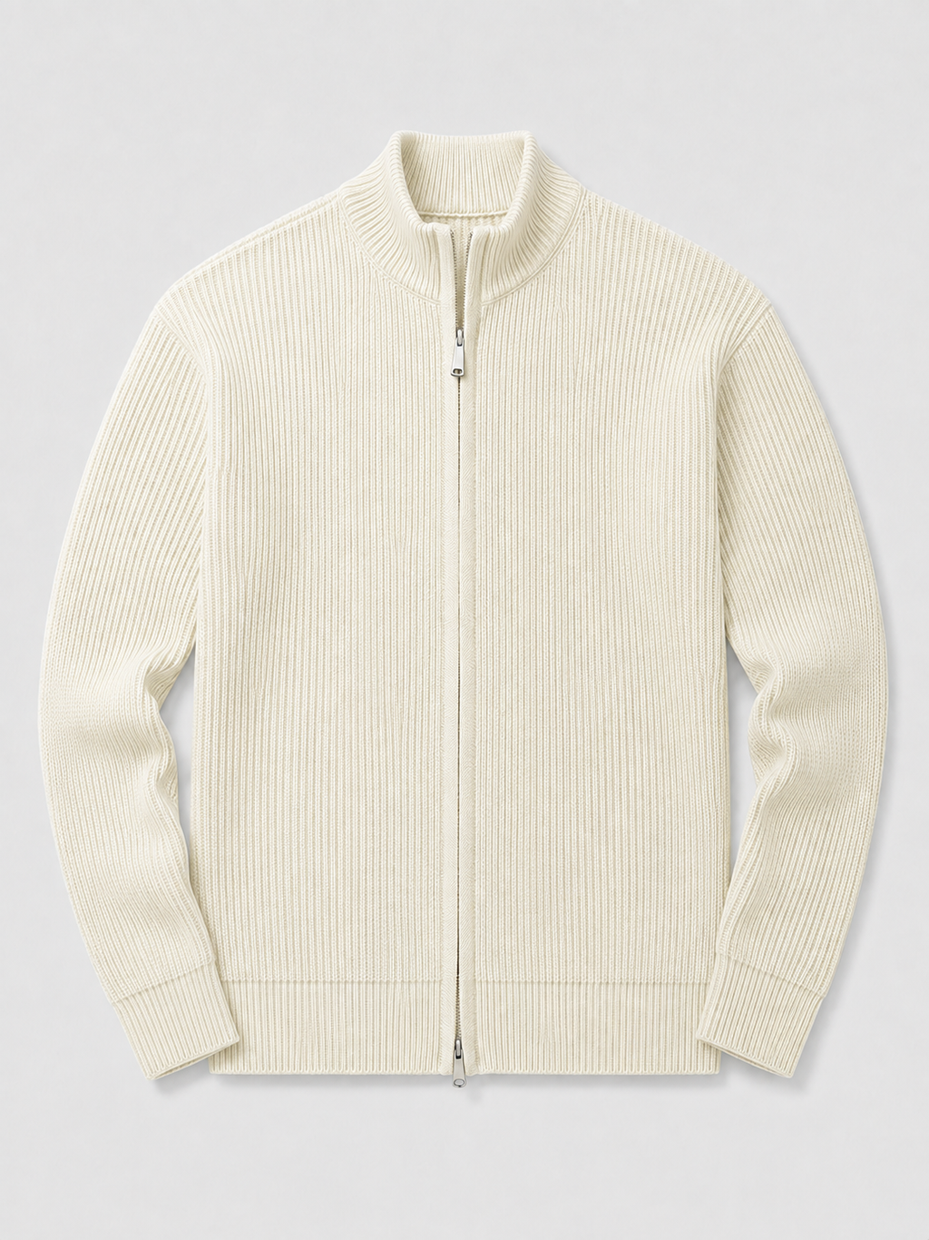Beige men’s ribbed knit full zip cardigan sweater with a stand collar and slim fit displayed on a plain background