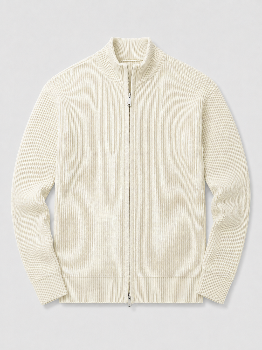 Beige men’s ribbed knit full zip cardigan sweater with a stand collar and slim fit displayed on a plain background