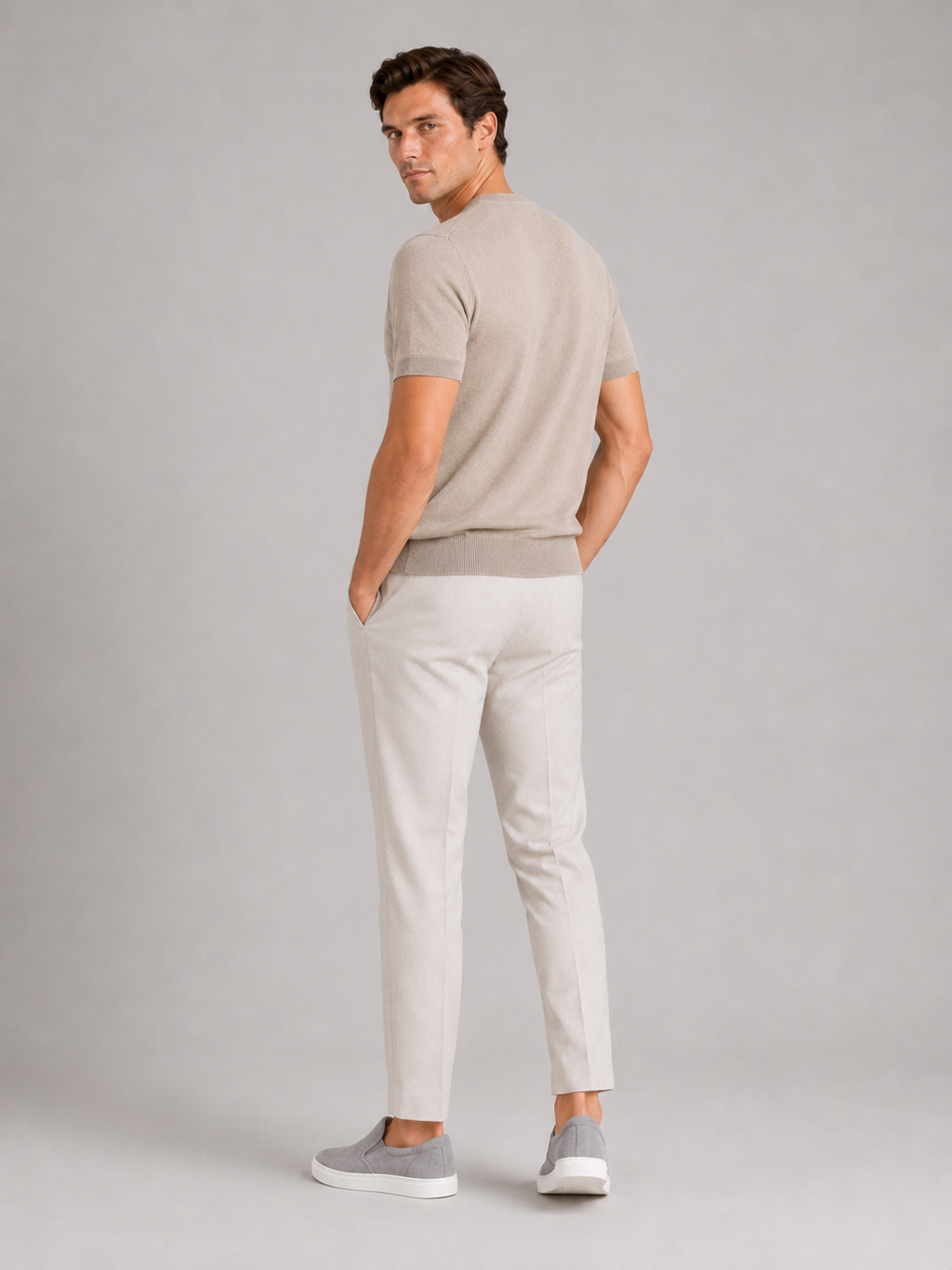 Men’s beige knit t shirt in merino wool soft breathable summer top for casual outfits