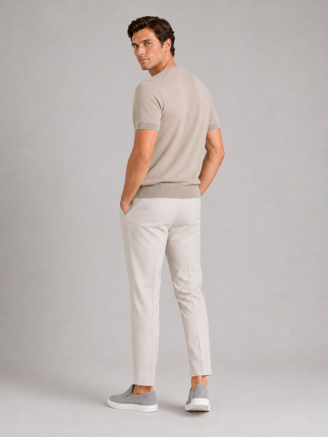 Men’s beige knit t shirt in merino wool soft breathable summer top for casual outfits