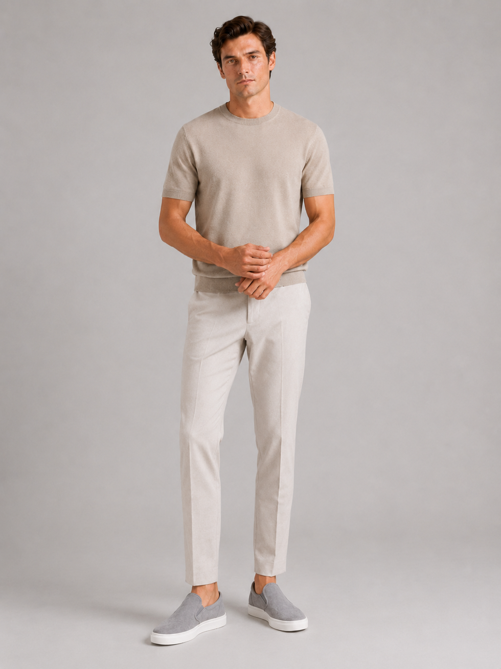Beige merino wool t shirt for men lightweight short sleeve top for everyday wear