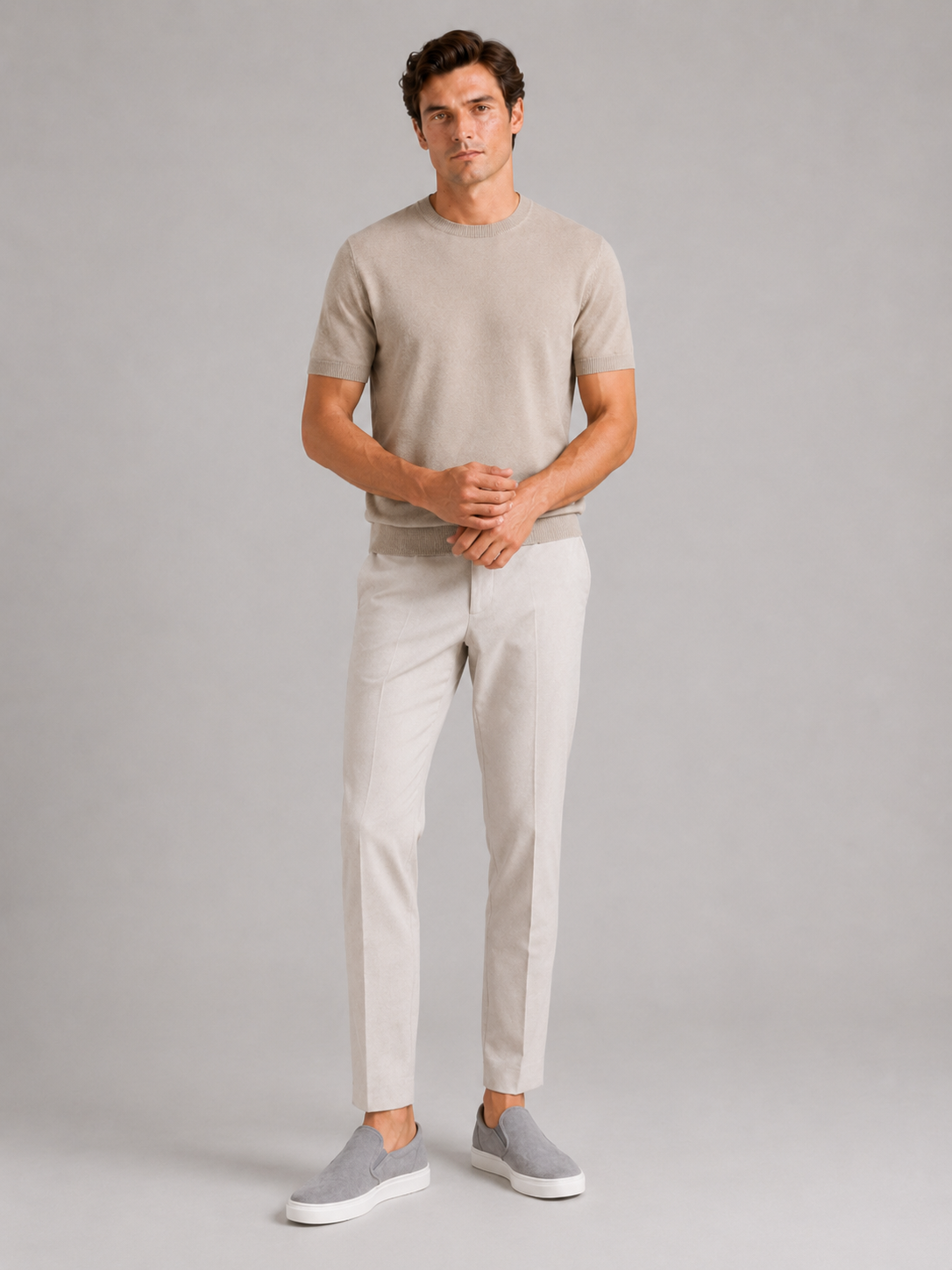 Beige merino wool t shirt for men lightweight short sleeve top for everyday wear