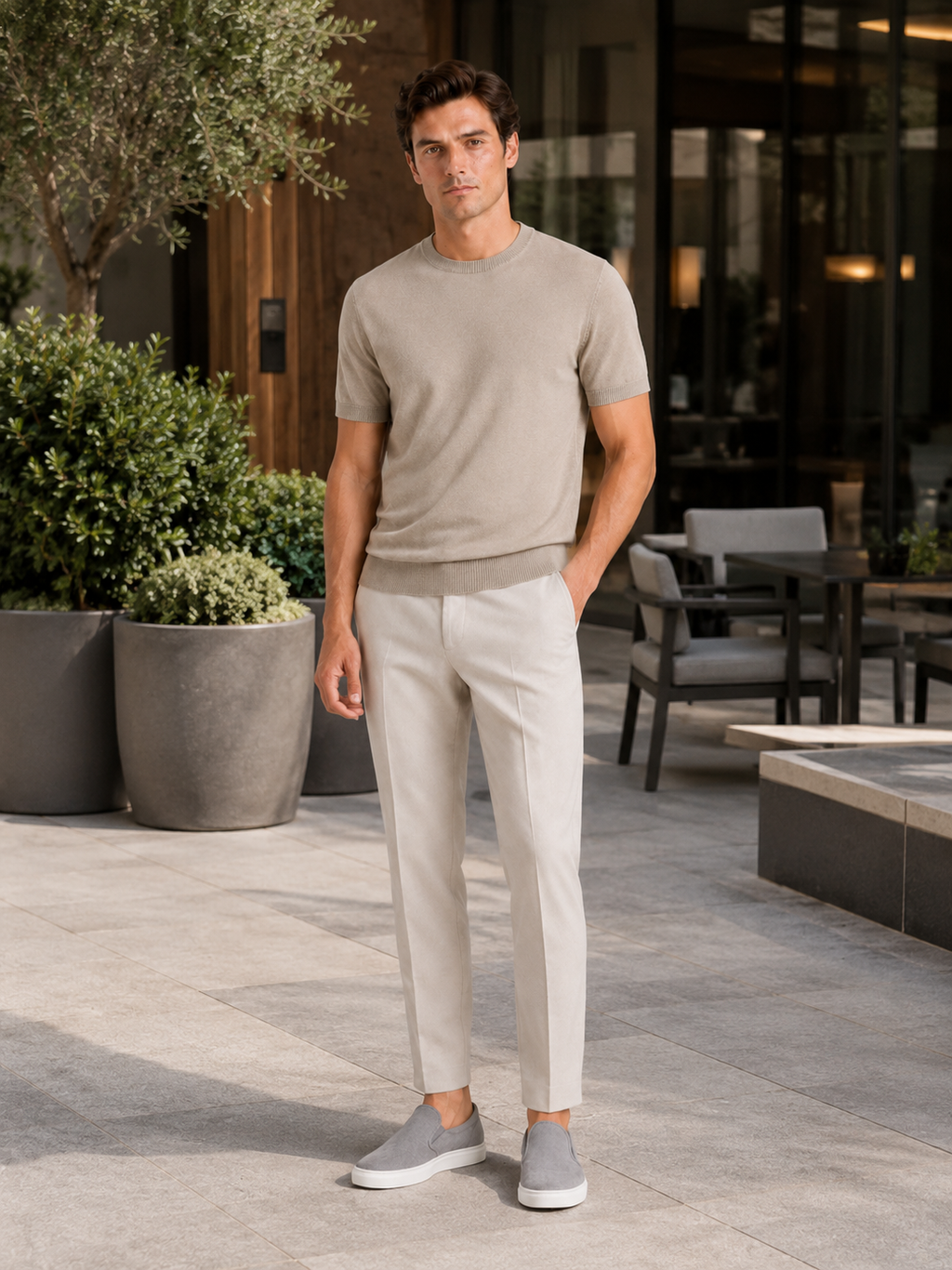 Man styling beige merino wool knit t shirt in a warm summer everyday lifestyle outfit