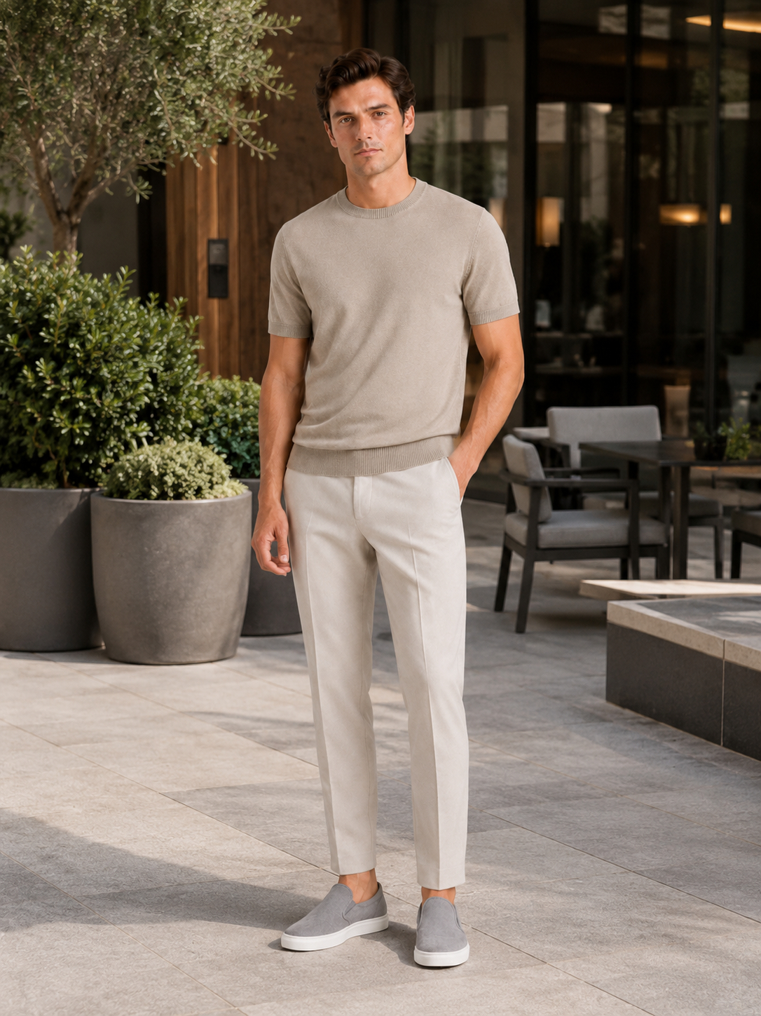 Man styling beige merino wool knit t shirt in a warm summer everyday lifestyle outfit
