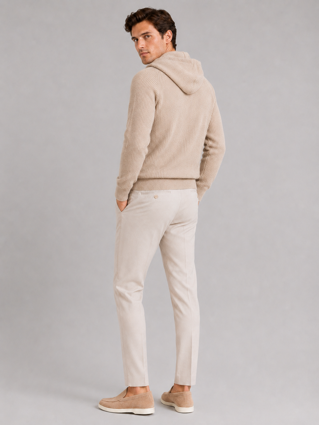 Beige merino wool zip cardigan for men warm long sleeve sweater for everyday winter wear