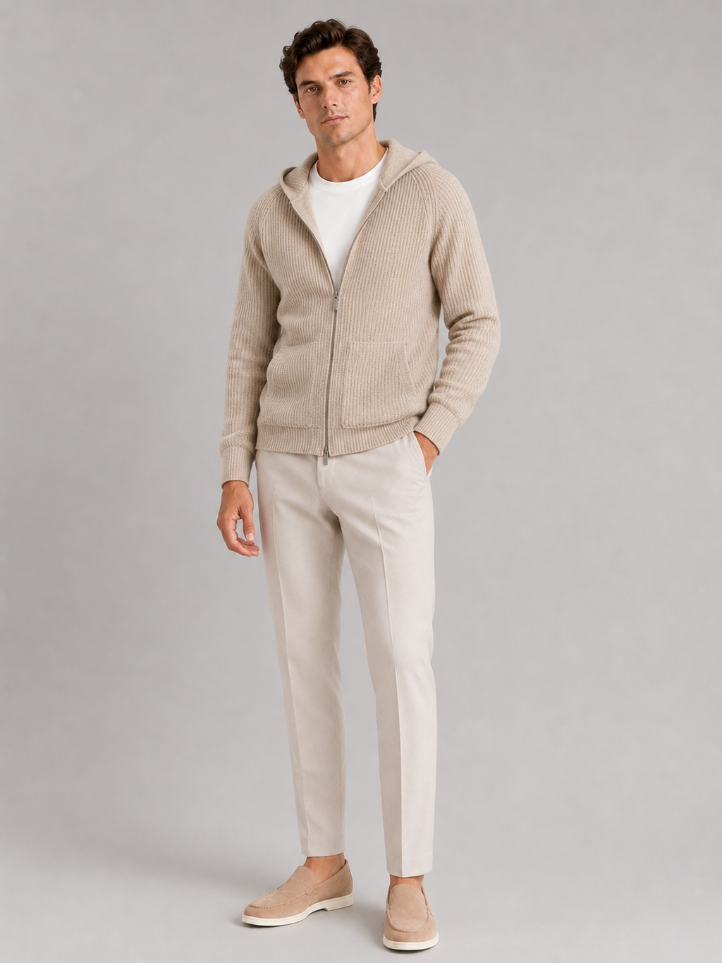 Men’s beige thick knit hoodie cardigan warm merino wool sweater for casual outfits