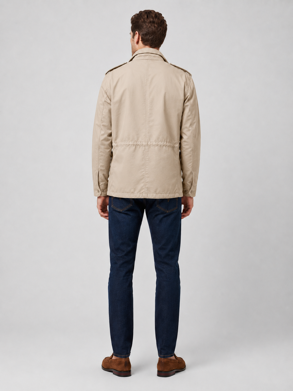 Men’s beige multi pocket military jacket comfortable fall layer for hiking, work, and casual outfits