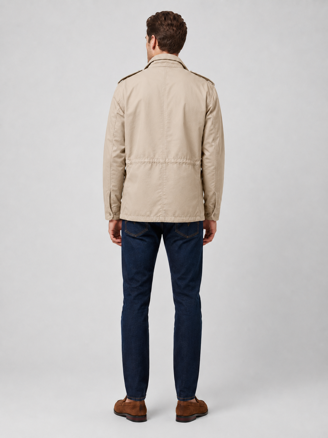 Men’s beige multi pocket military jacket comfortable fall layer for hiking, work, and casual outfits