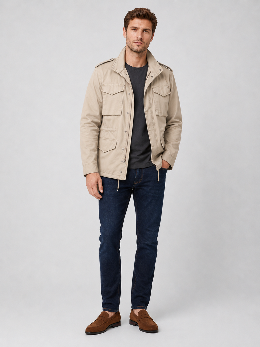 Beige military field jacket for men 100 percent cotton casual outerwear for outdoor and everyday wear