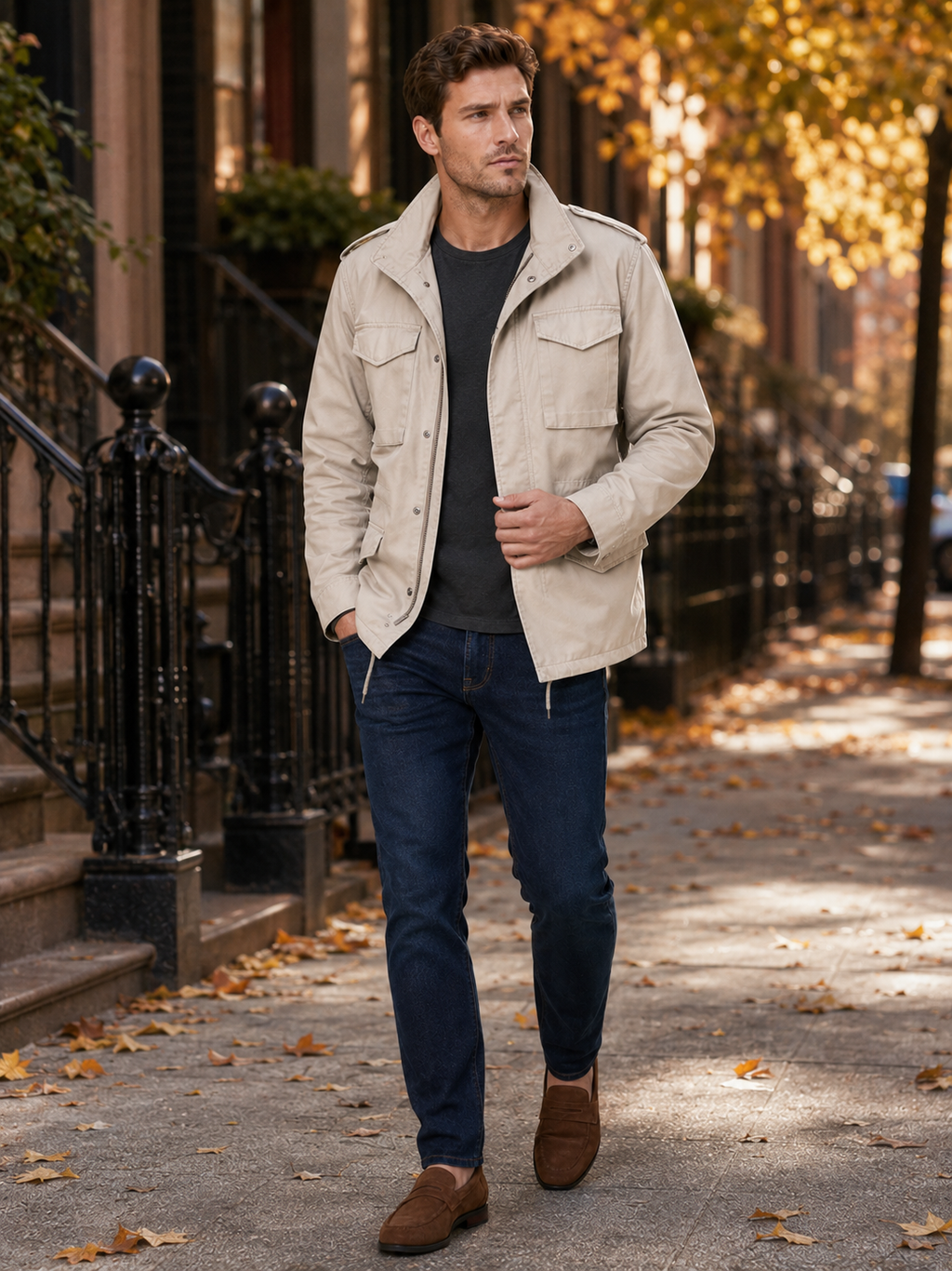 Man styling beige military field jacket in a classic outdoor and everyday lifestyle outfit