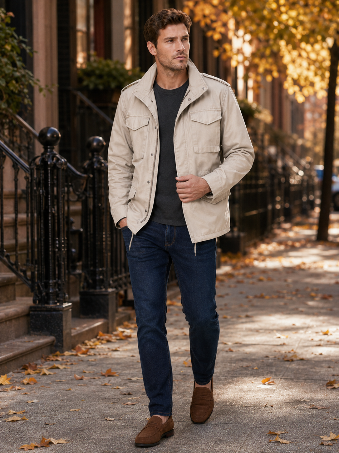 Man styling beige military field jacket in a classic outdoor and everyday lifestyle outfit