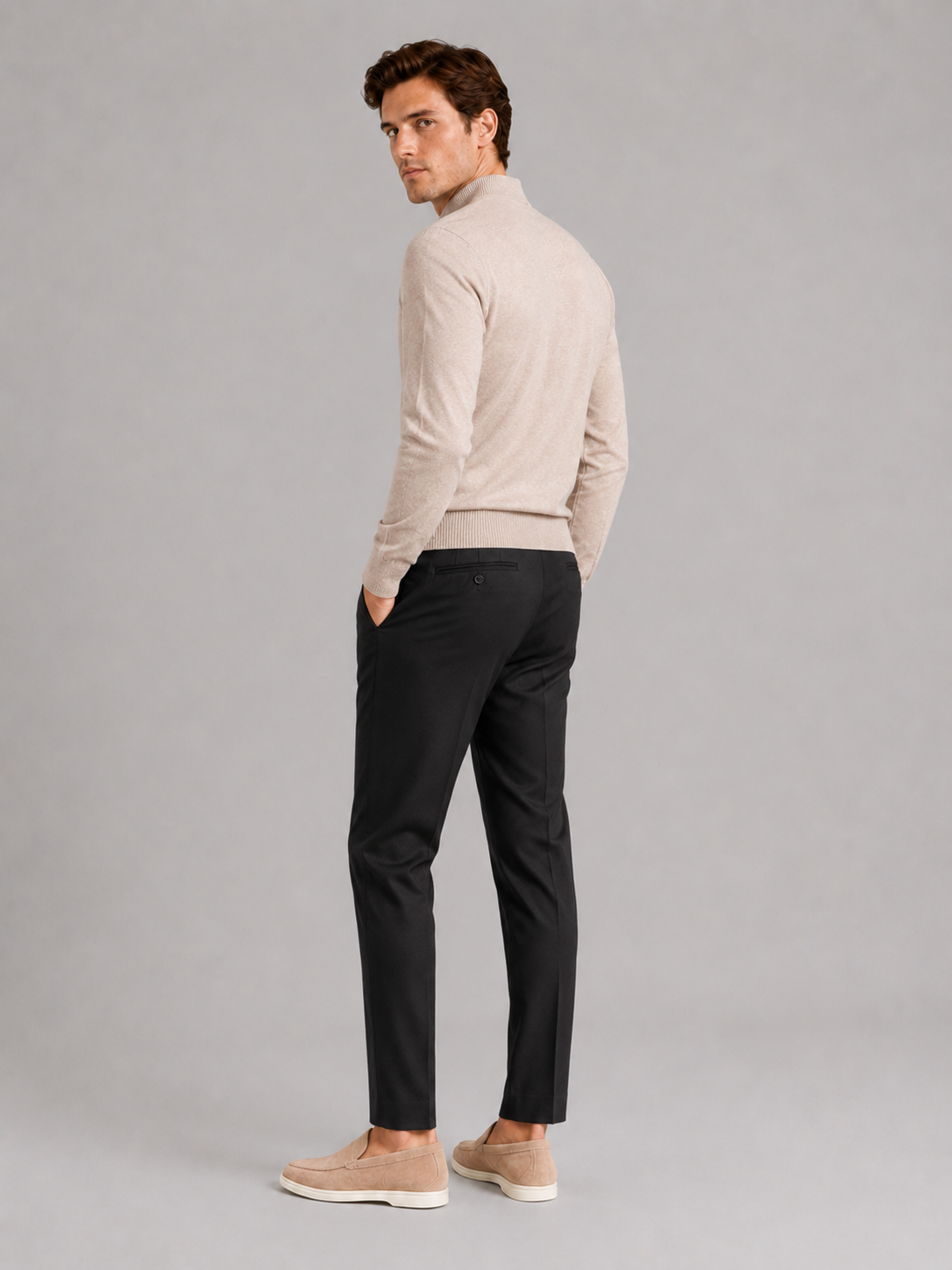 Men’s beige knit pullover warm slim fit sweater for casual cold weather outfits